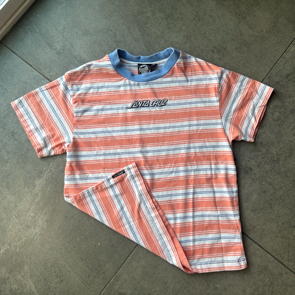 Santa Cruz Skateboards Coral and Blue Striped T-Shirt